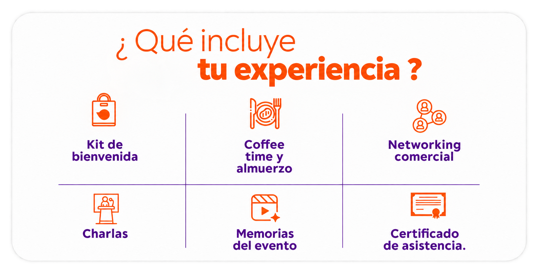 Qué incluye tu experiencia: kit de bienvenida, coffee time y almuerzo, networking comercial, charlas, memorias del evento y certificado de asistencia