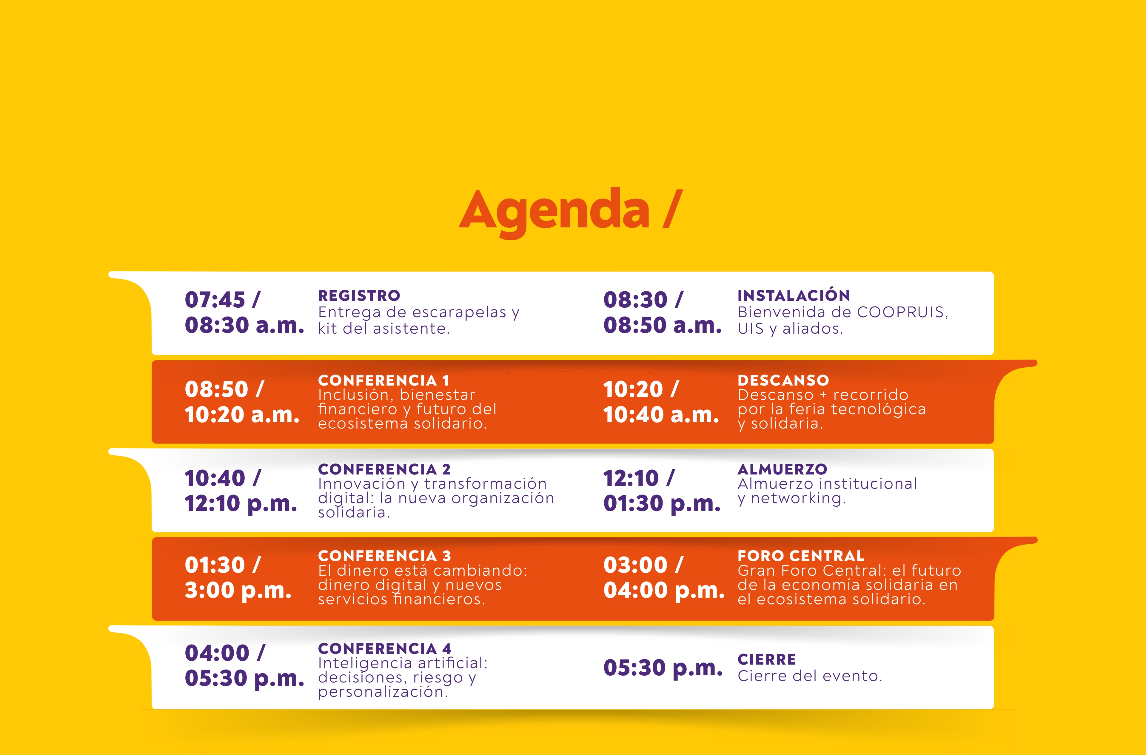 Agenda oficial del Simposio COOPRUIS con los horarios y actividades del evento, presentada en una franja gráfica amarilla de extremo a extremo.