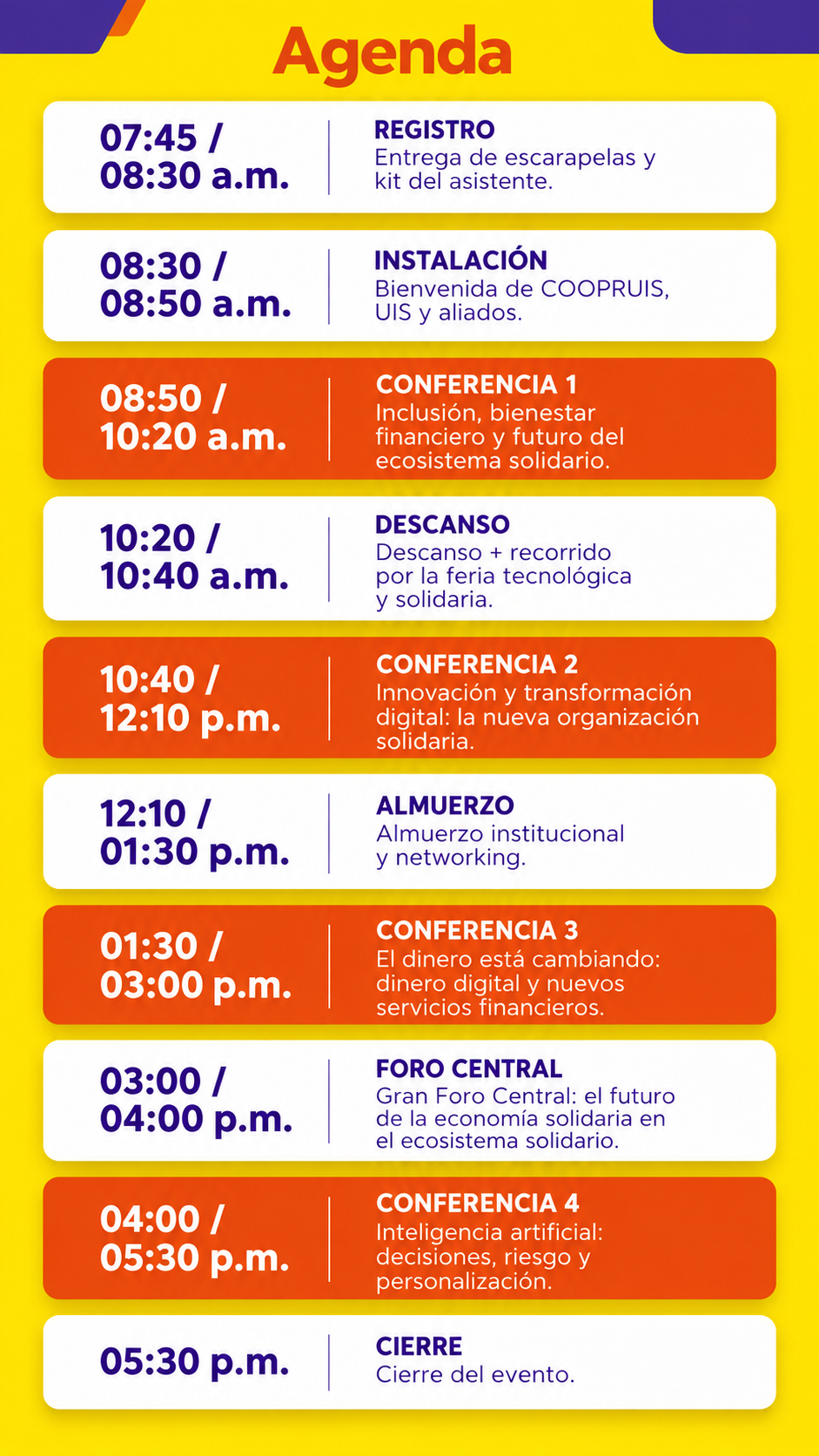 Agenda oficial del Simposio COOPRUIS en una sola columna para móviles, con todos los horarios, actividades y cierre del evento.