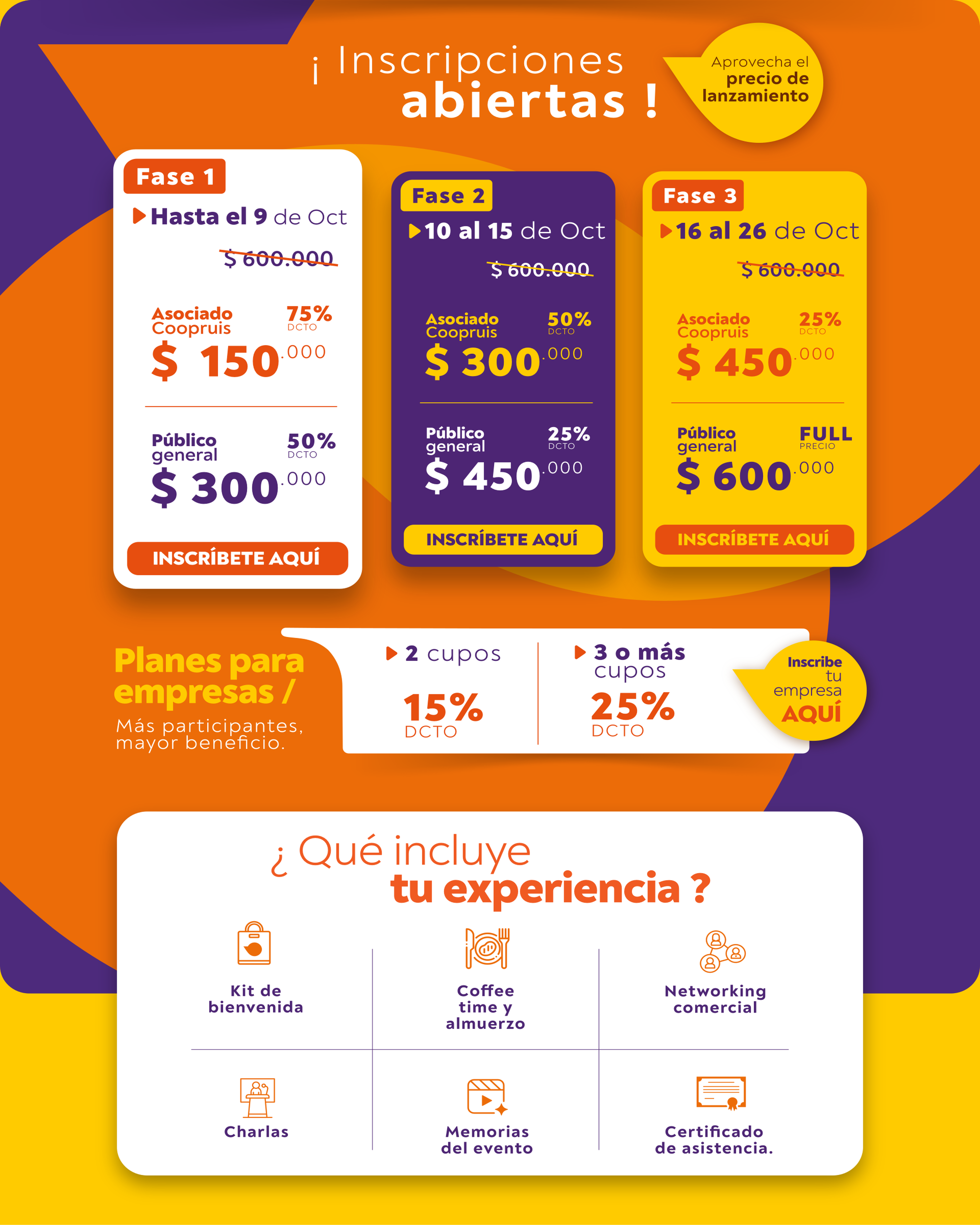 Tarifas, planes para empresas y beneficios del Simposio COOPRUIS según la propuesta oficial.